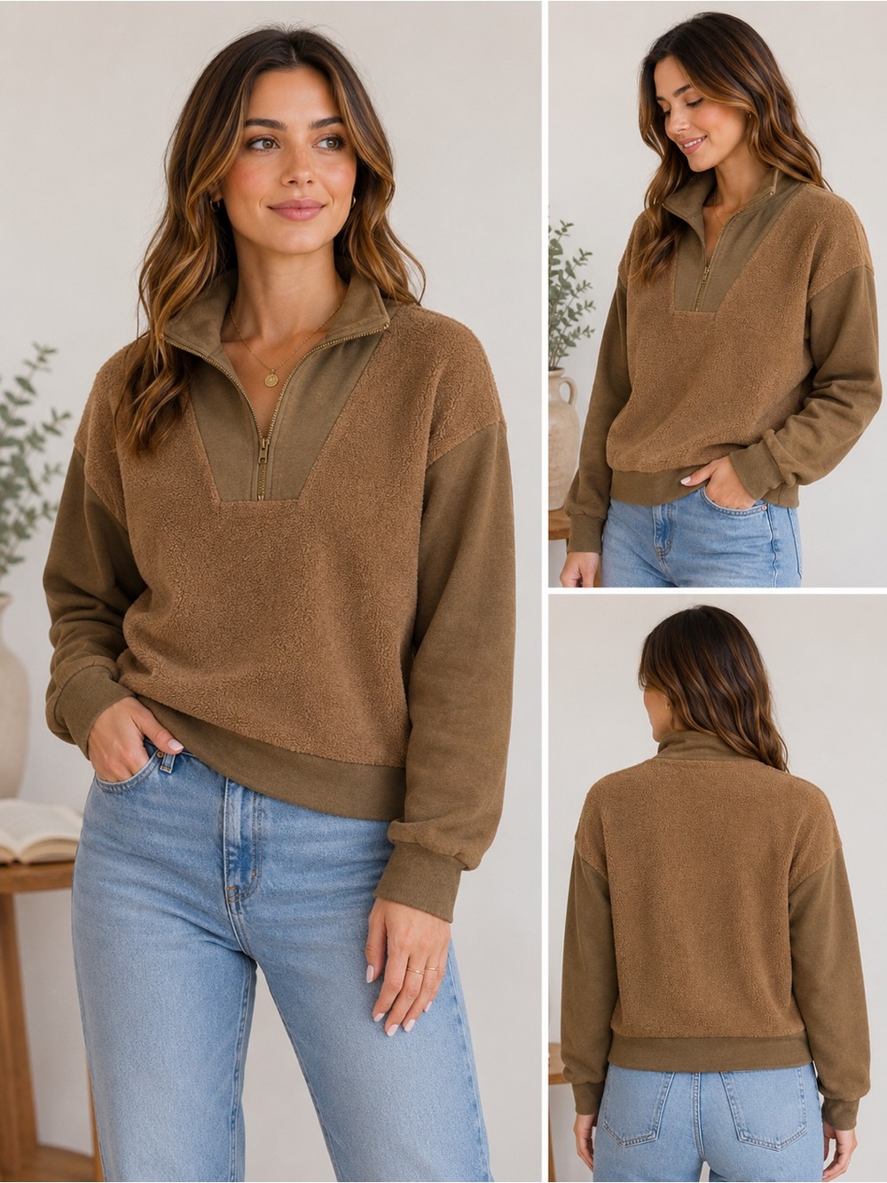 Self Contrast Fleece Quarter Zip Pullover Brown Tan Colorblock Sweatshirt Size S